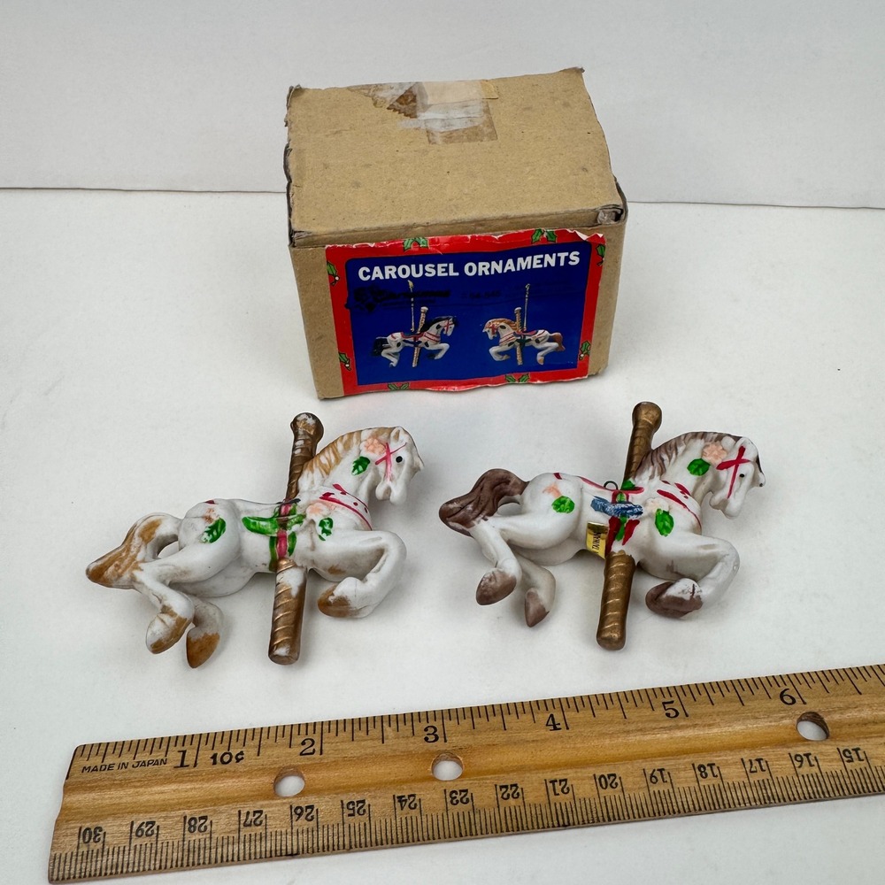 2 Vtg Christmas Around the World Carousel Horse Ornaments Ceramic w Orig Box